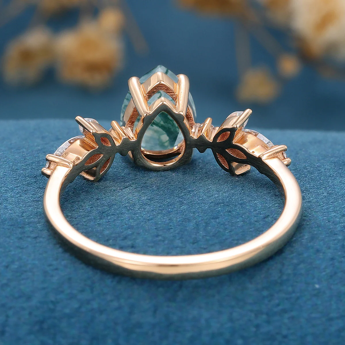 Pear Cut Natural Green Moss Agate Cluster Engagement Ring - Image 6