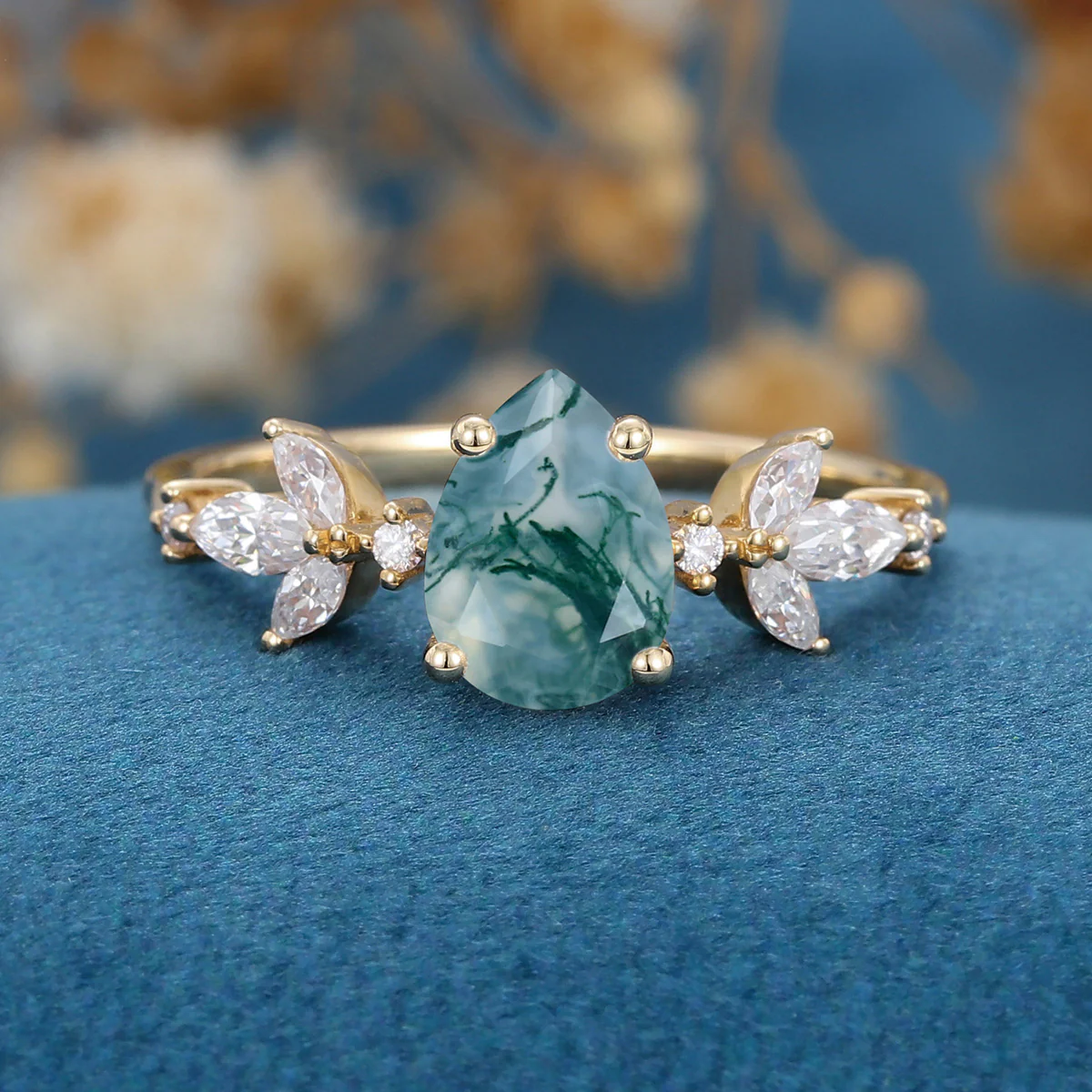 Pear Cut Natural Green Moss Agate Cluster Engagement Ring - Image 8