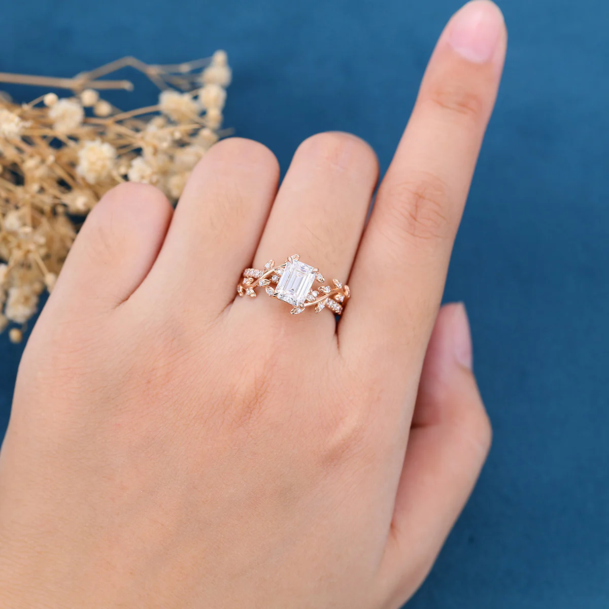 Nature Inspired Emerald cut Moissanite Leaf Gold Engagement Ring - Image 2
