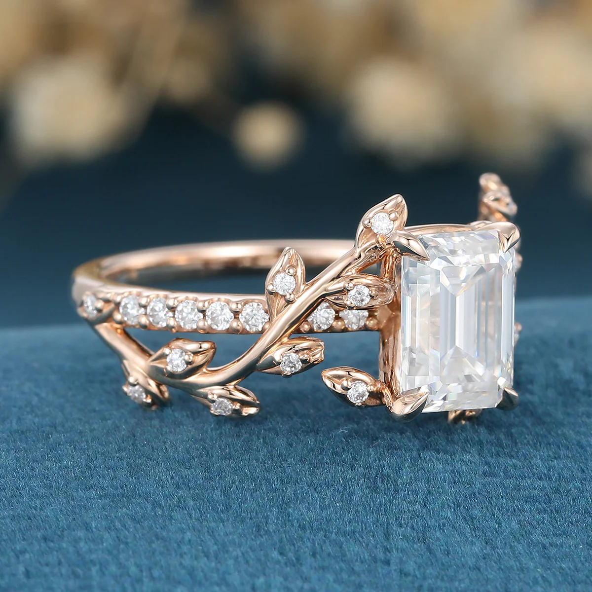 Nature Inspired Emerald cut Moissanite Leaf Gold Engagement Ring - Image 4