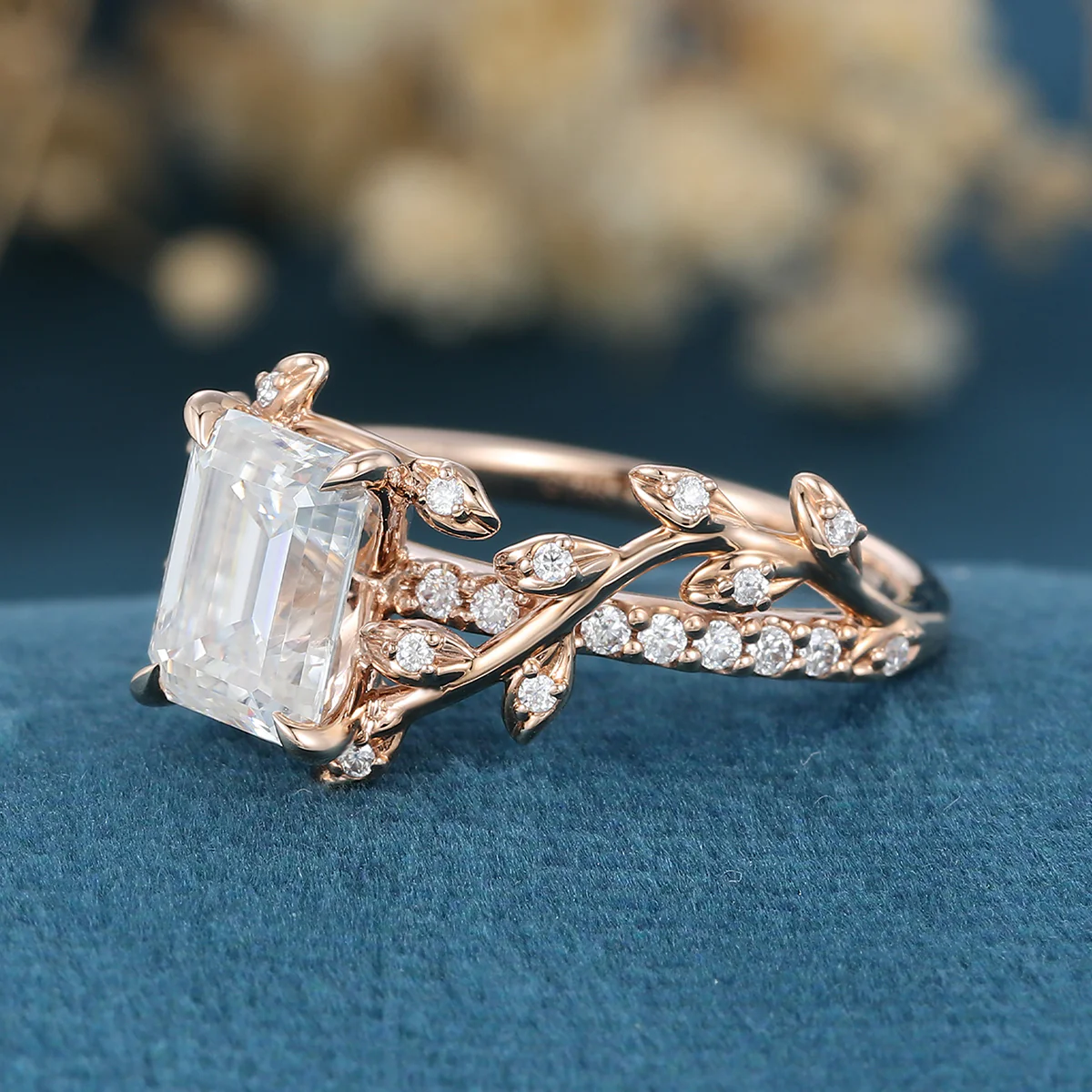 Nature Inspired Emerald cut Moissanite Leaf Gold Engagement Ring - Image 5