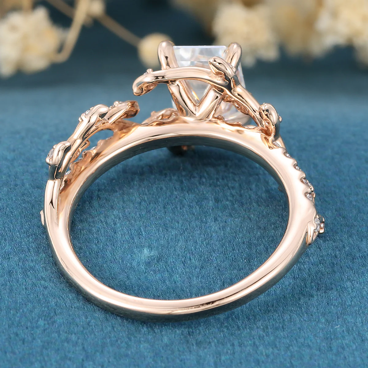 Nature Inspired Emerald cut Moissanite Leaf Gold Engagement Ring - Image 6