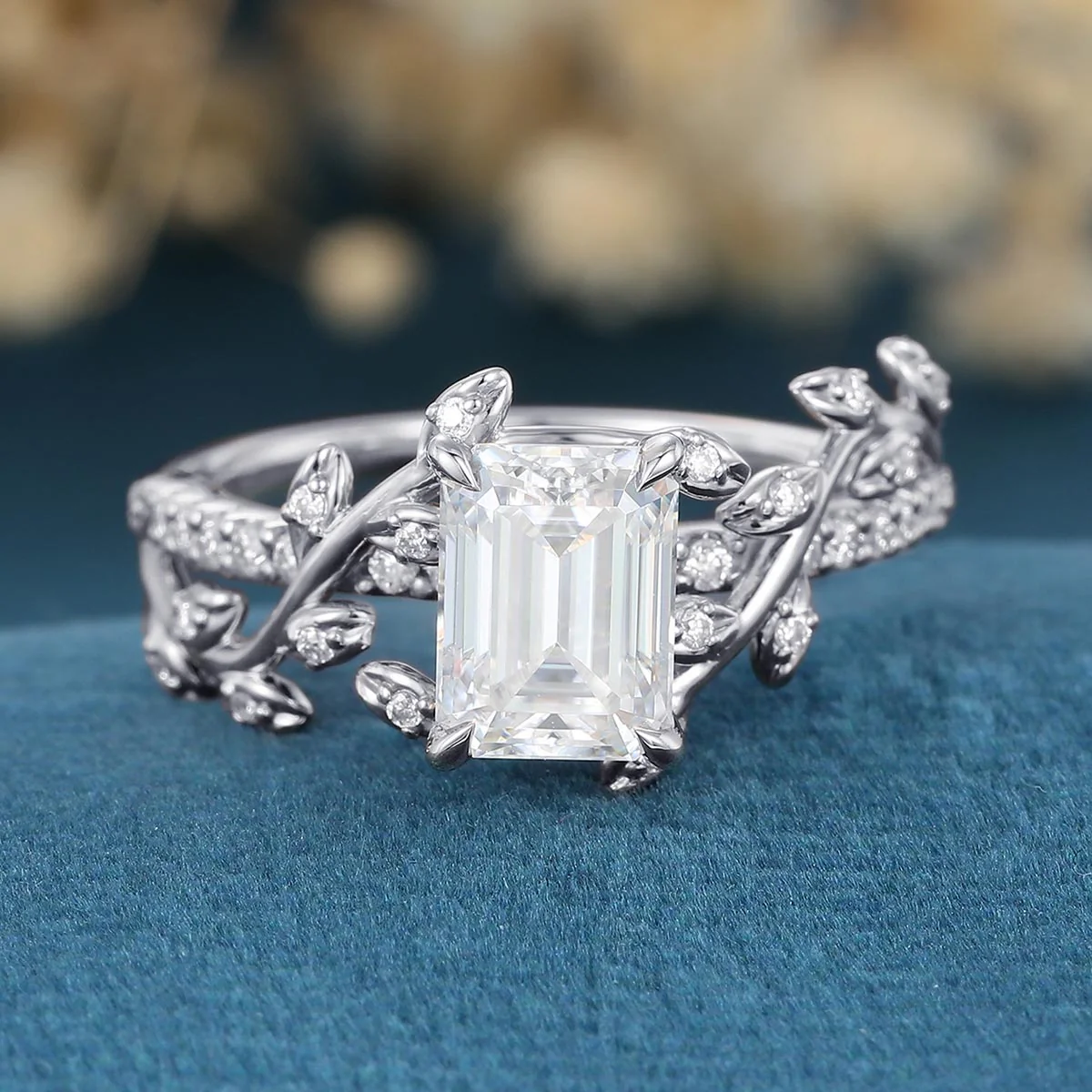 Nature Inspired Emerald cut Moissanite Leaf Gold Engagement Ring - Image 7