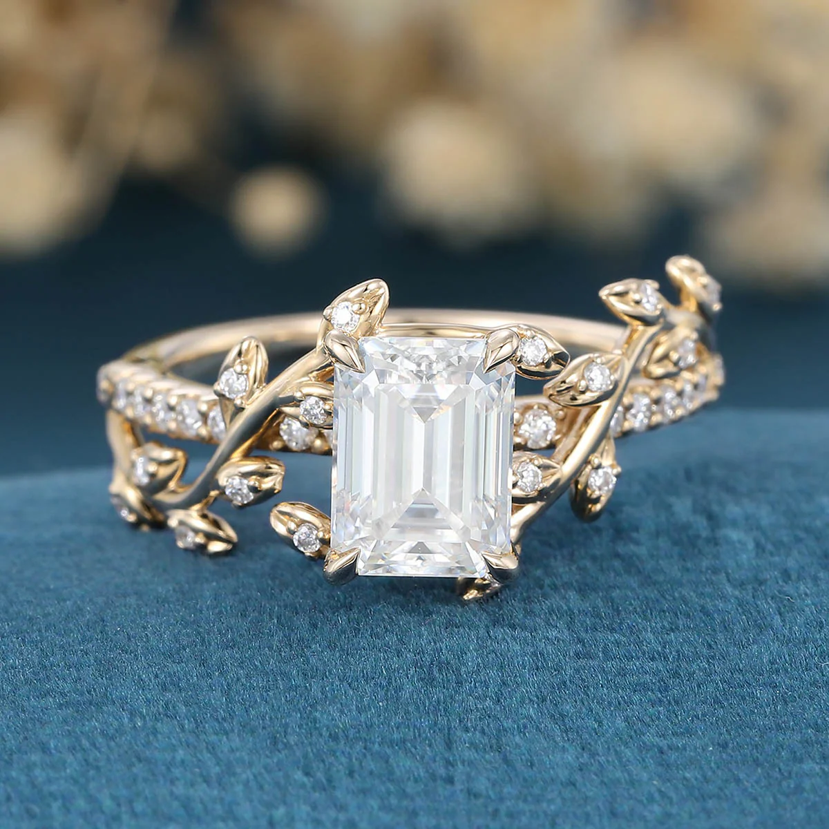 Nature Inspired Emerald cut Moissanite Leaf Gold Engagement Ring - Image 8