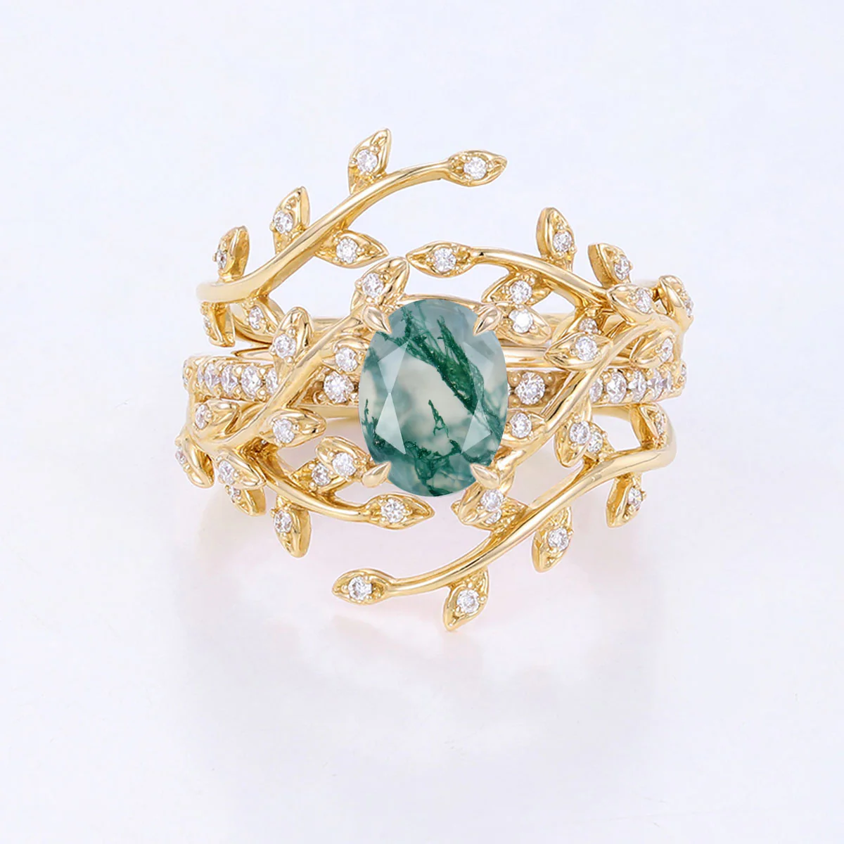 Nature Inspired Oval cut Moss Agate Leaf Gold ring set - Image 10