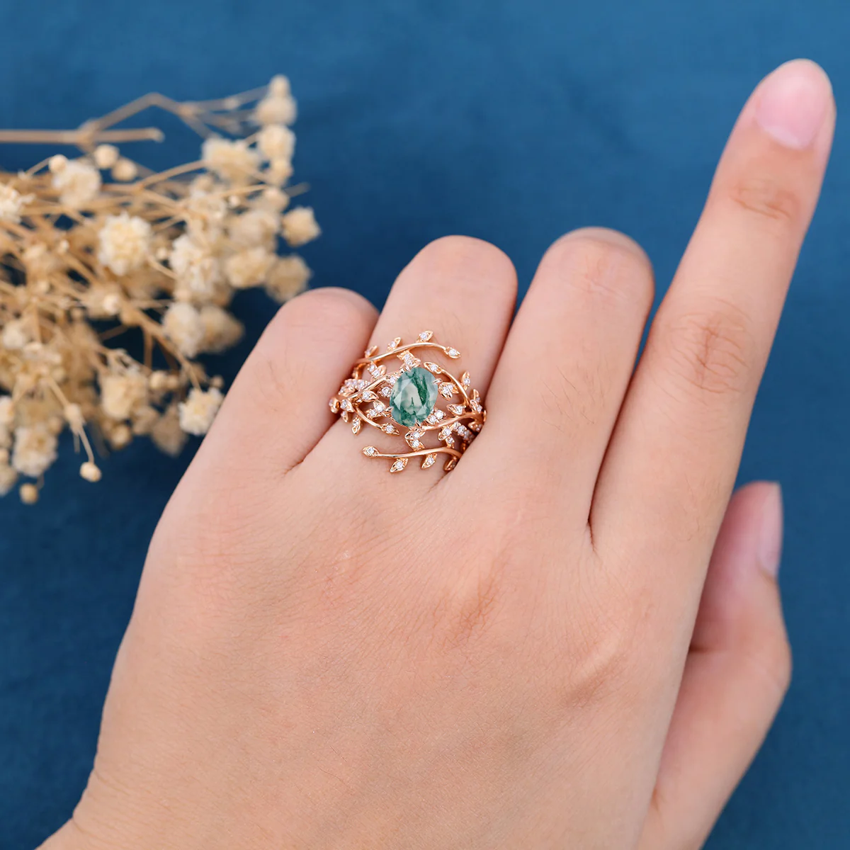 Nature Inspired Oval cut Moss Agate Leaf Gold ring set - Image 2