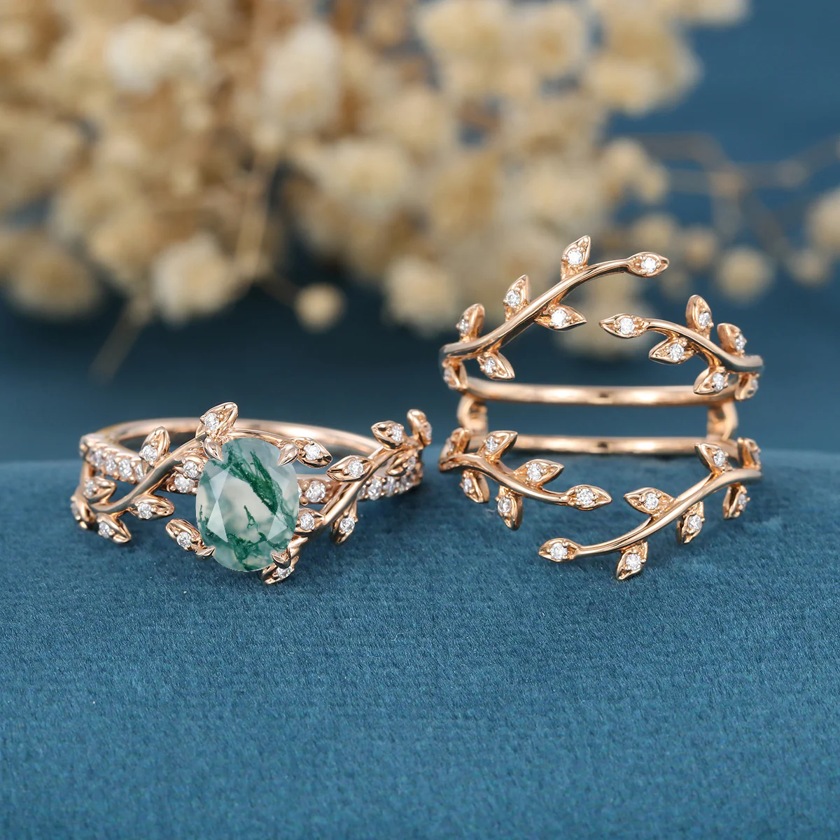 Nature Inspired Oval cut Moss Agate Leaf Gold ring set - Image 3