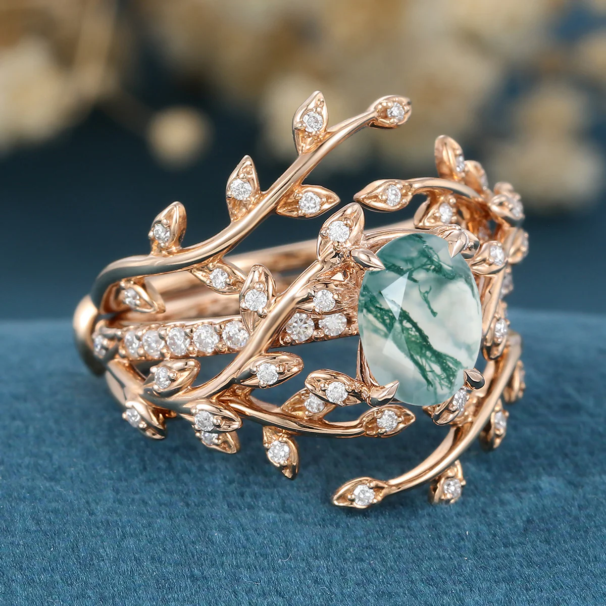 Nature Inspired Oval cut Moss Agate Leaf Gold ring set - Image 4