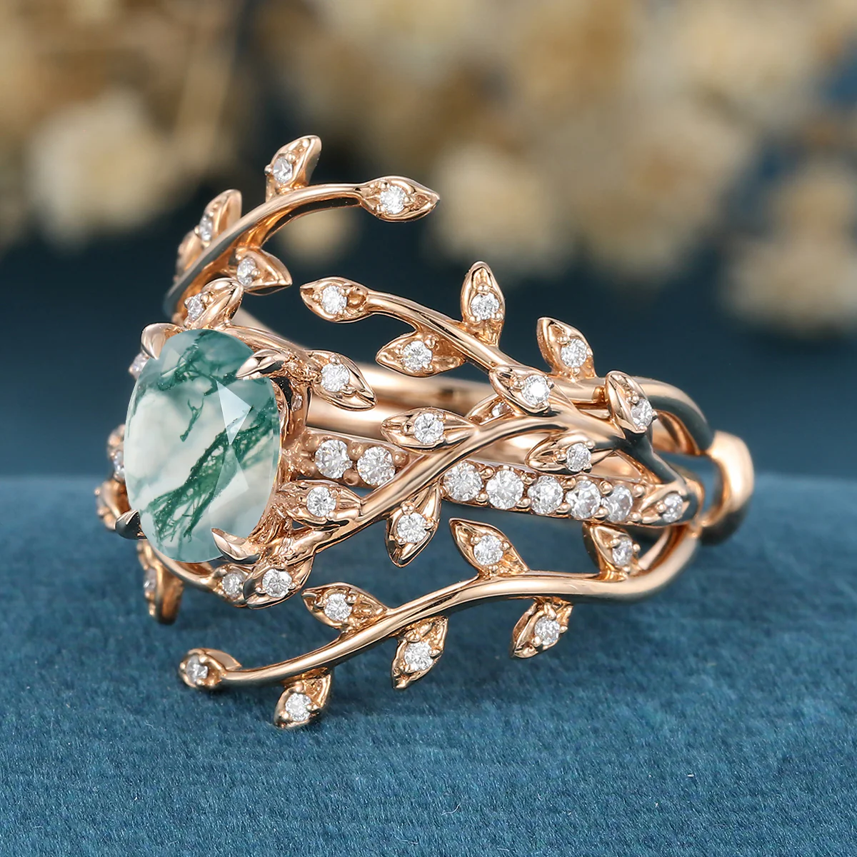 Nature Inspired Oval cut Moss Agate Leaf Gold ring set - Image 6