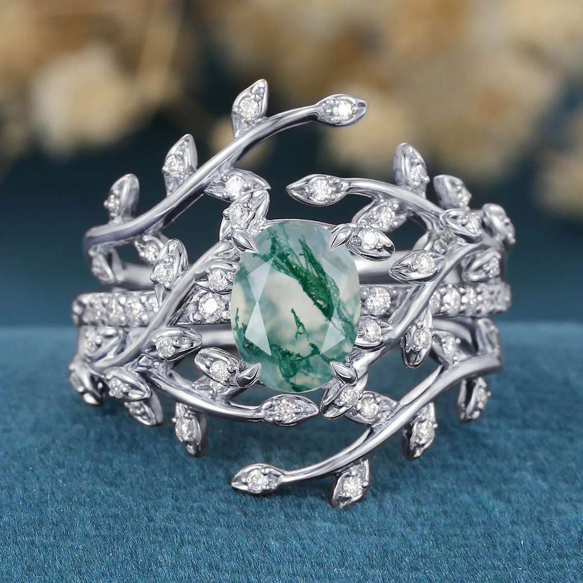 Nature Inspired Oval cut Moss Agate Leaf Gold ring set - Image 7