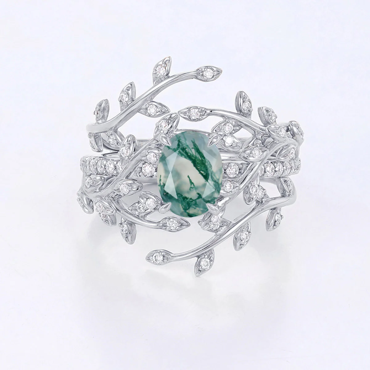 Nature Inspired Oval cut Moss Agate Leaf Gold ring set - Image 8