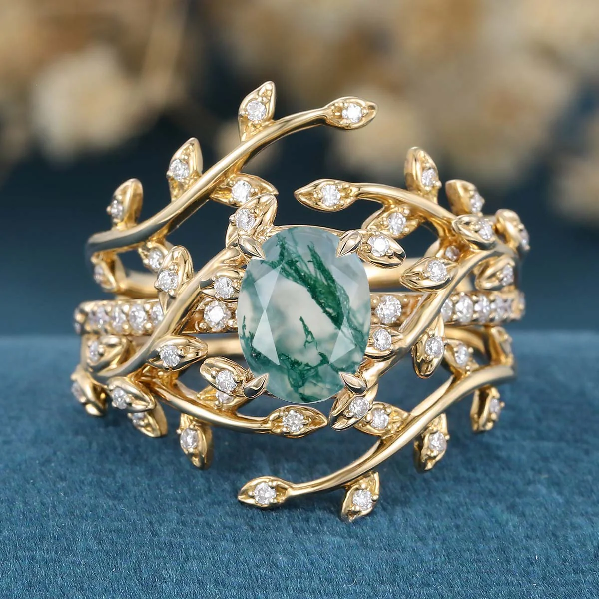 Nature Inspired Oval cut Moss Agate Leaf Gold ring set - Image 9