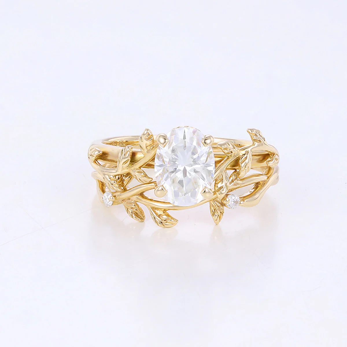 Nature Inspired Oval cut Moissanite Leaf Gold ring set - Image 10