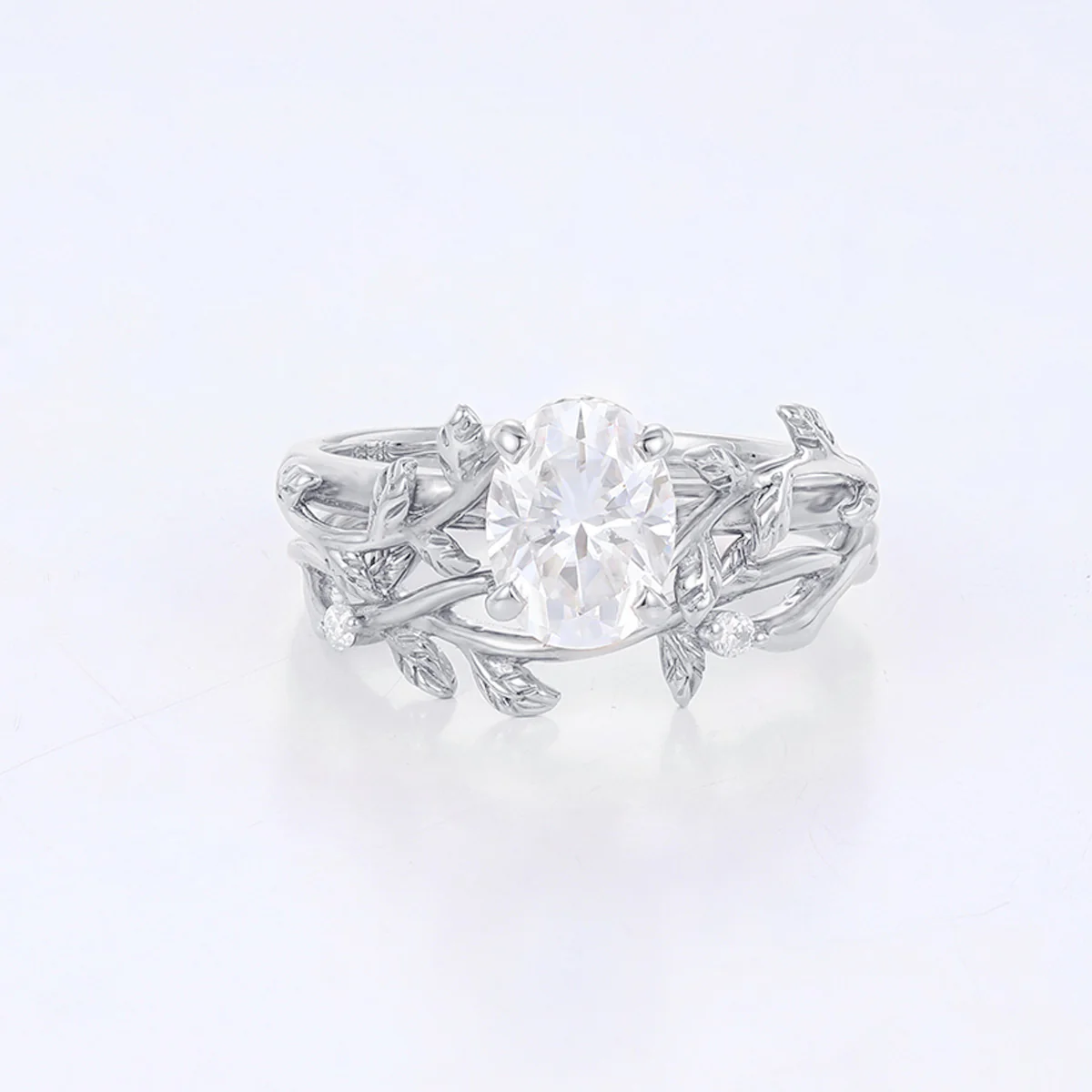 Nature Inspired Oval cut Moissanite Leaf Gold ring set - Image 8