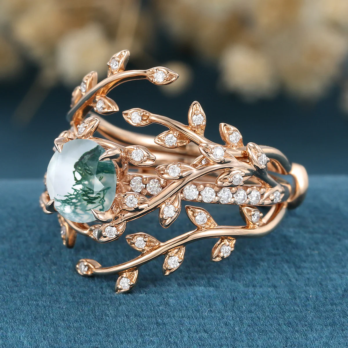 Nature Inspired Round cut Moss Agate Leaf Gold ring set - Image 6