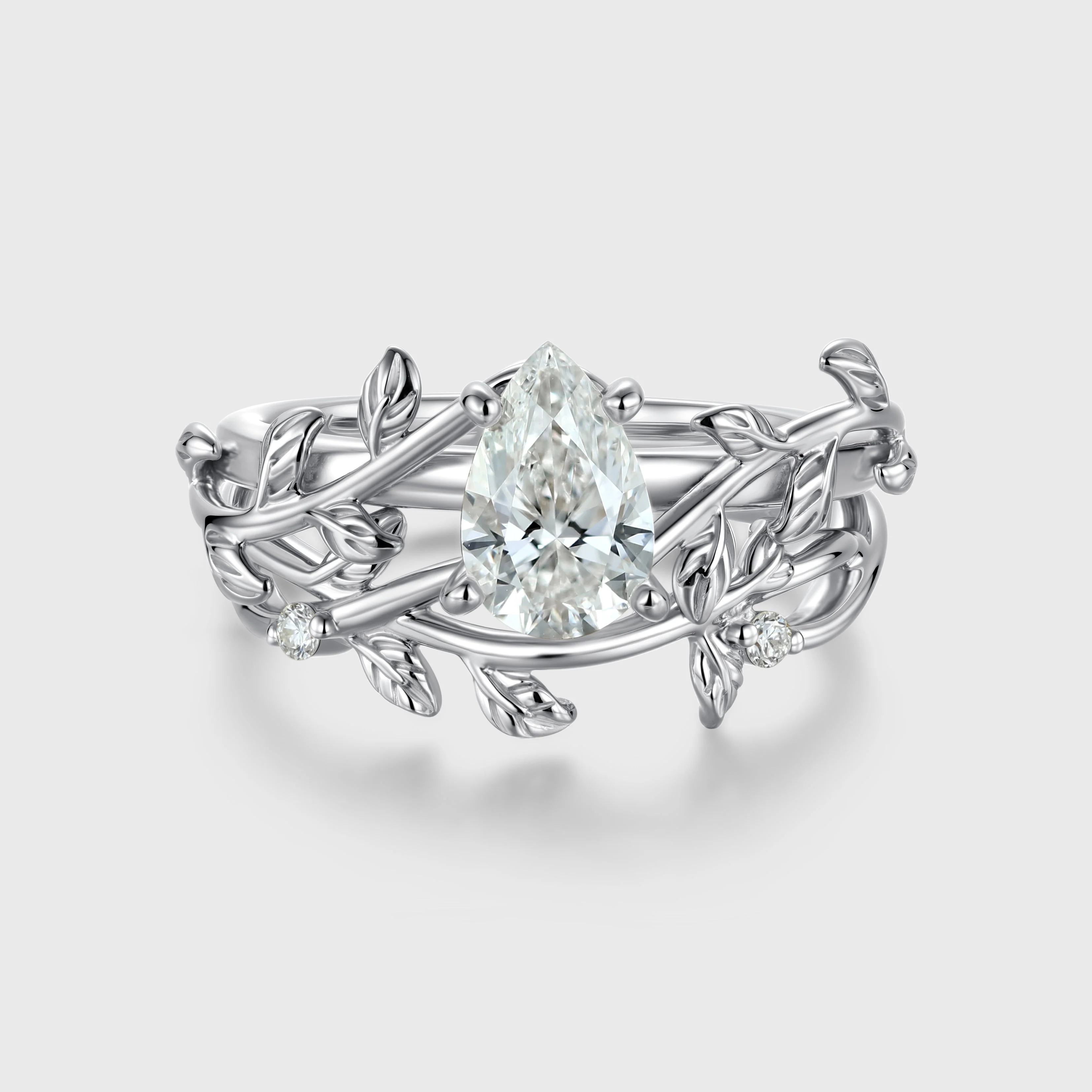 Nature Inspired Pear cut Moissanite Leaf Gold ring set - Image 5