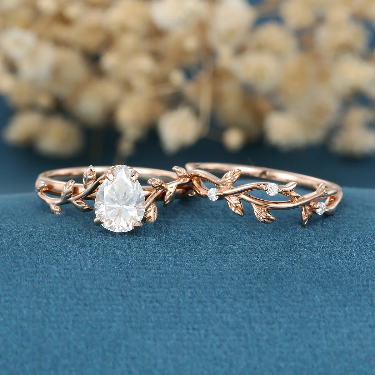 Nature Inspired Pear cut Moissanite Leaf Gold ring set - Image 6