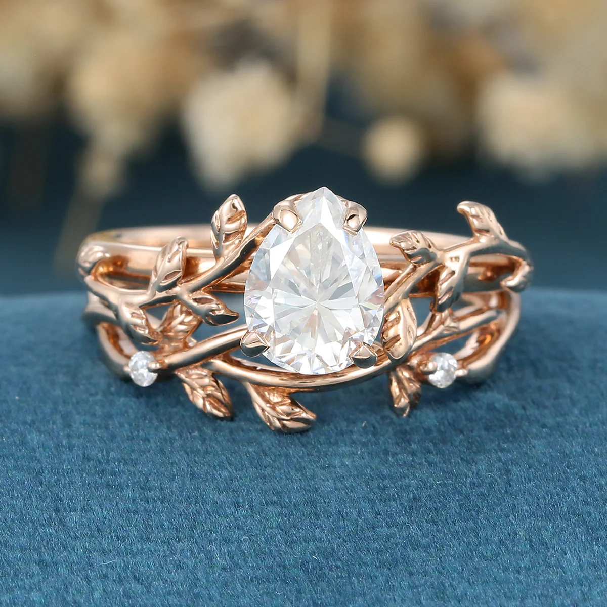 Nature Inspired Pear cut Moissanite Leaf Gold ring set - Image 7