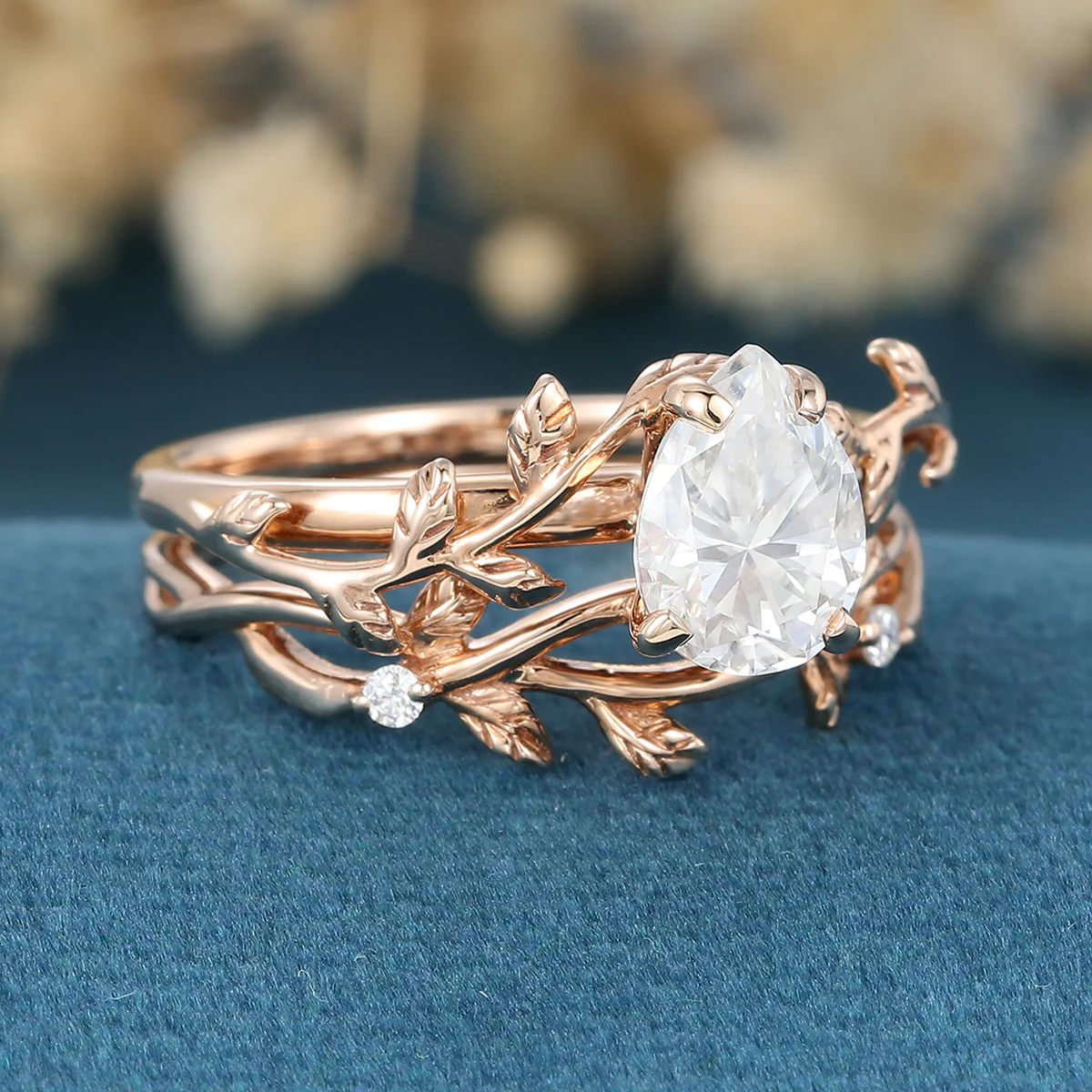 Nature Inspired Pear cut Moissanite Leaf Gold ring set - Image 8