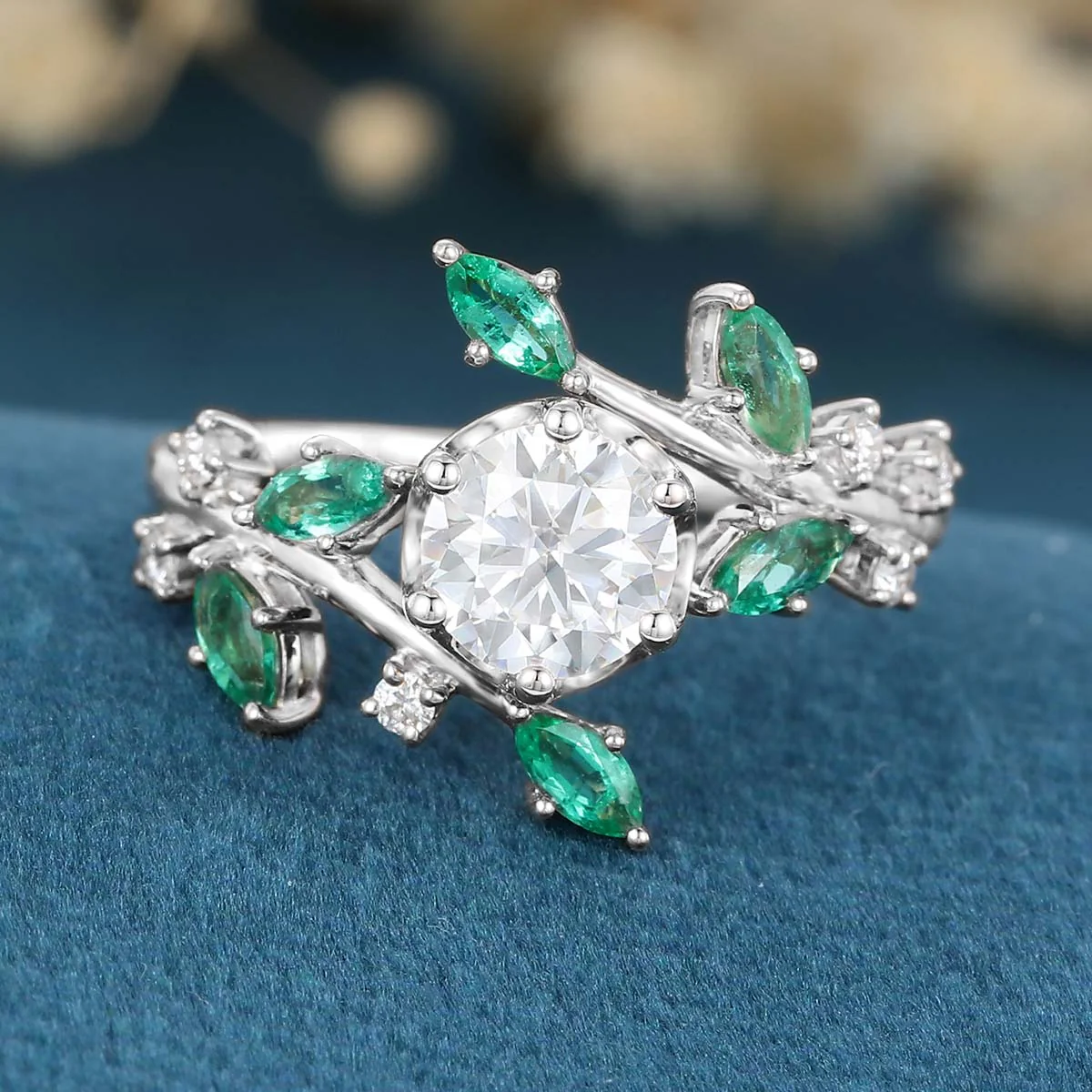 Nature Inspired Round cut Moissanite | Natural Emeralds Gold Engagement Ring - Image 10