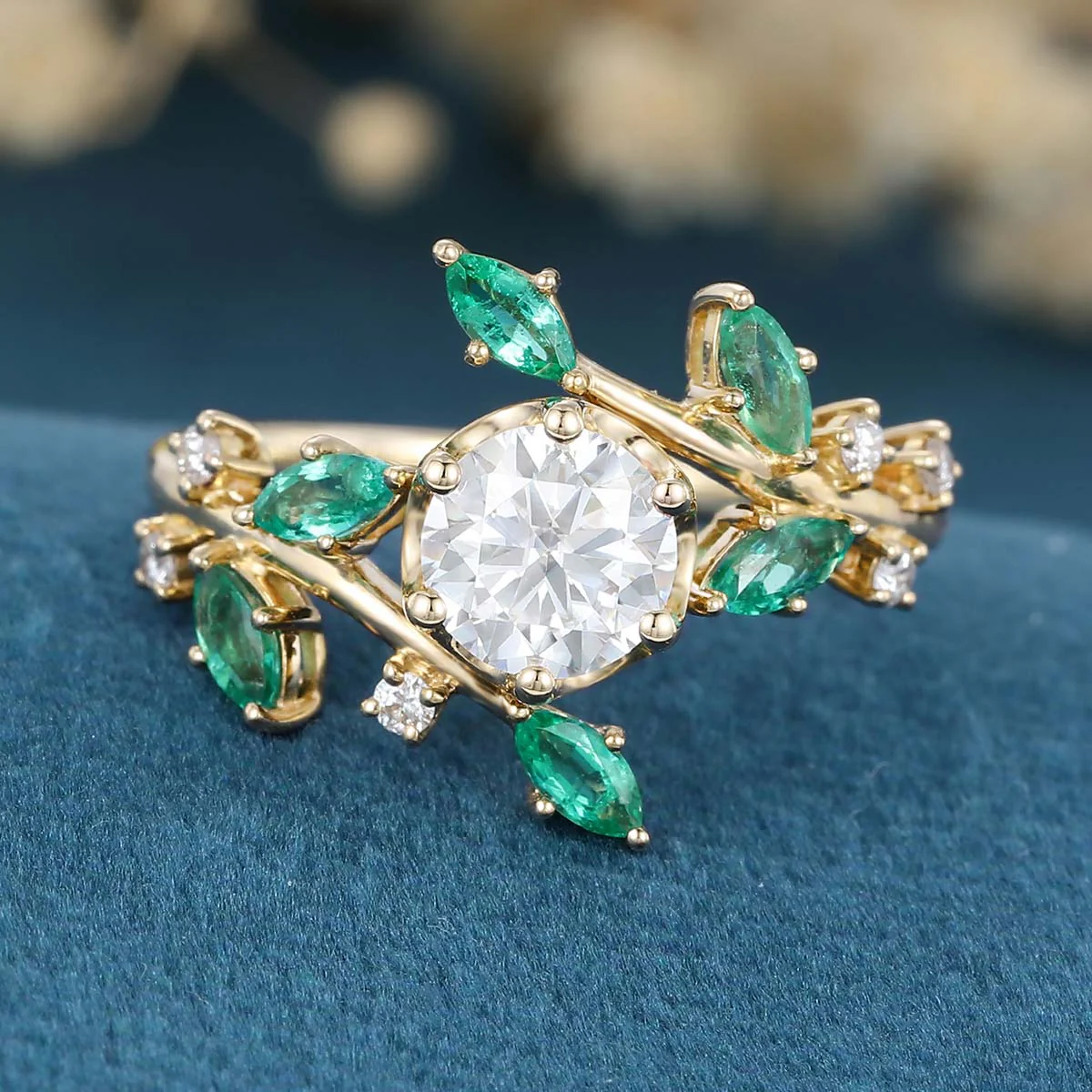 Nature Inspired Round cut Moissanite | Natural Emeralds Gold Engagement Ring - Image 11