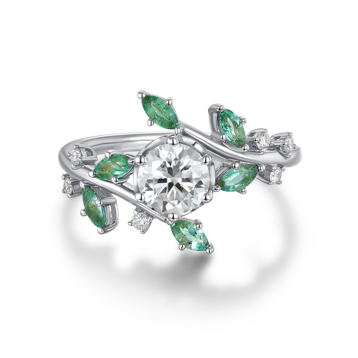 Nature Inspired Round cut Moissanite | Natural Emeralds Gold Engagement Ring - Image 12