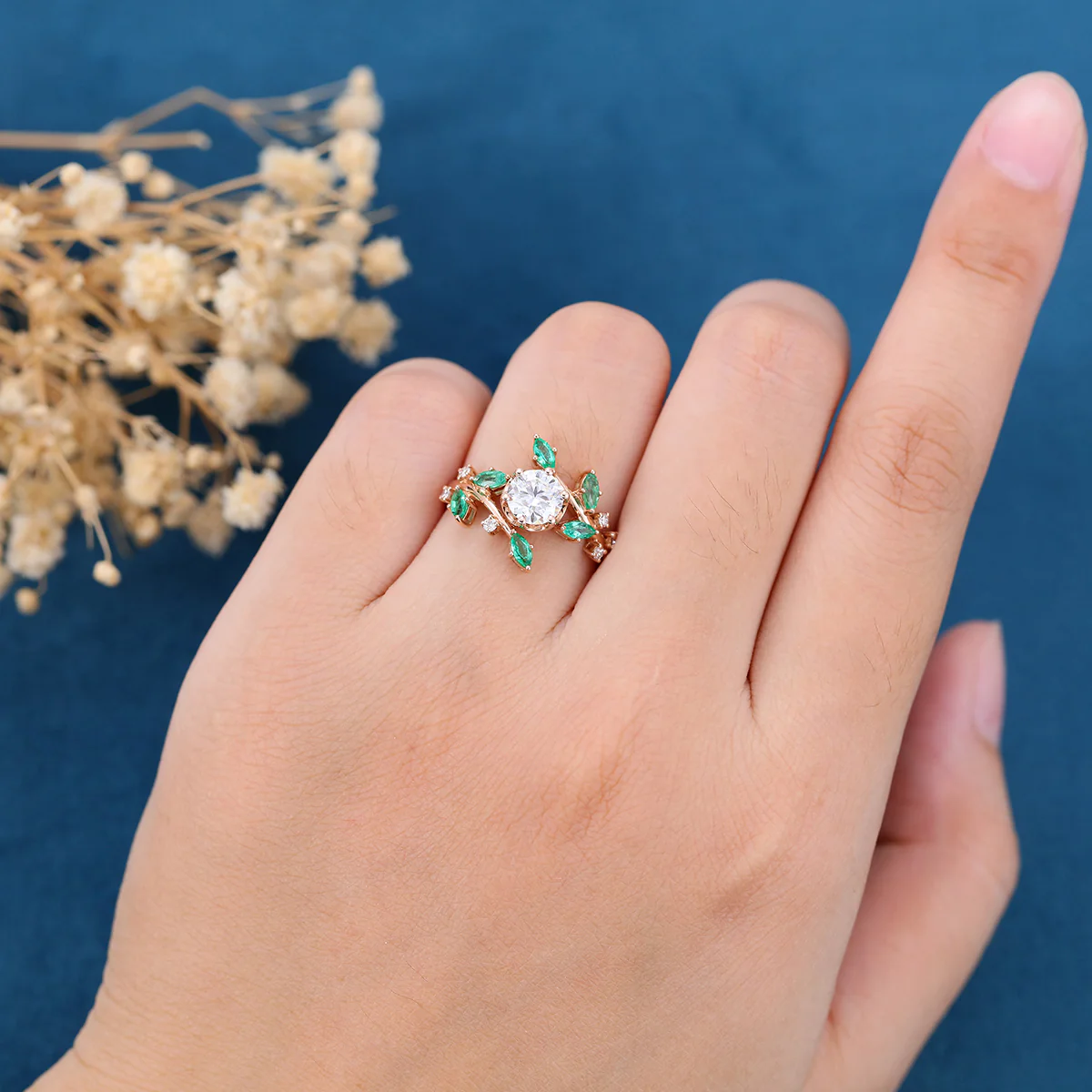Nature Inspired Round cut Moissanite | Natural Emeralds Gold Engagement Ring - Image 2