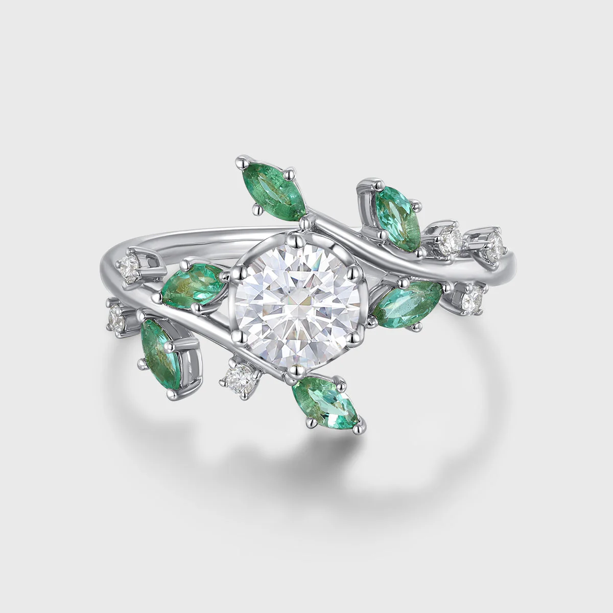 Nature Inspired Round cut Moissanite | Natural Emeralds Gold Engagement Ring - Image 3