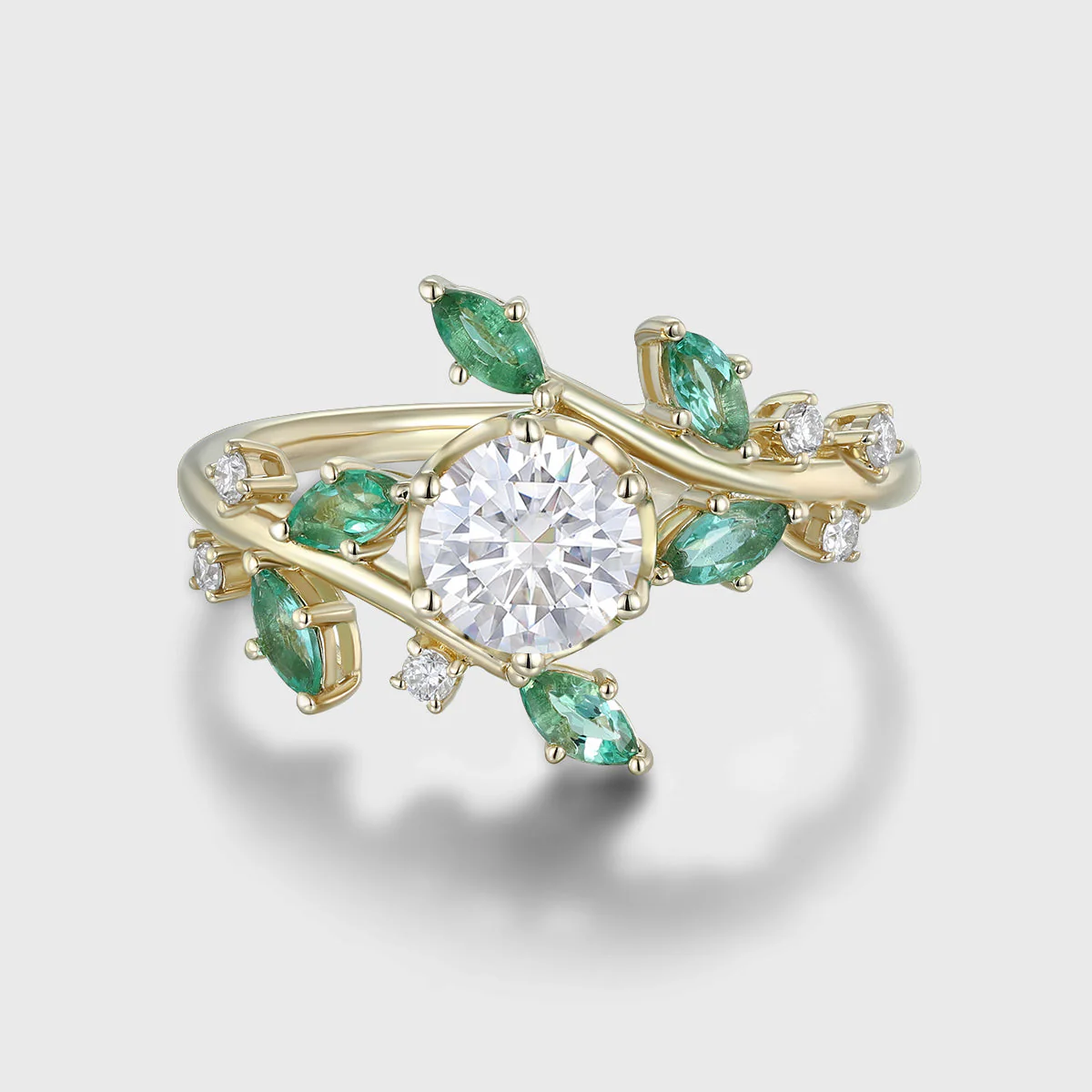 Nature Inspired Round cut Moissanite | Natural Emeralds Gold Engagement Ring - Image 4