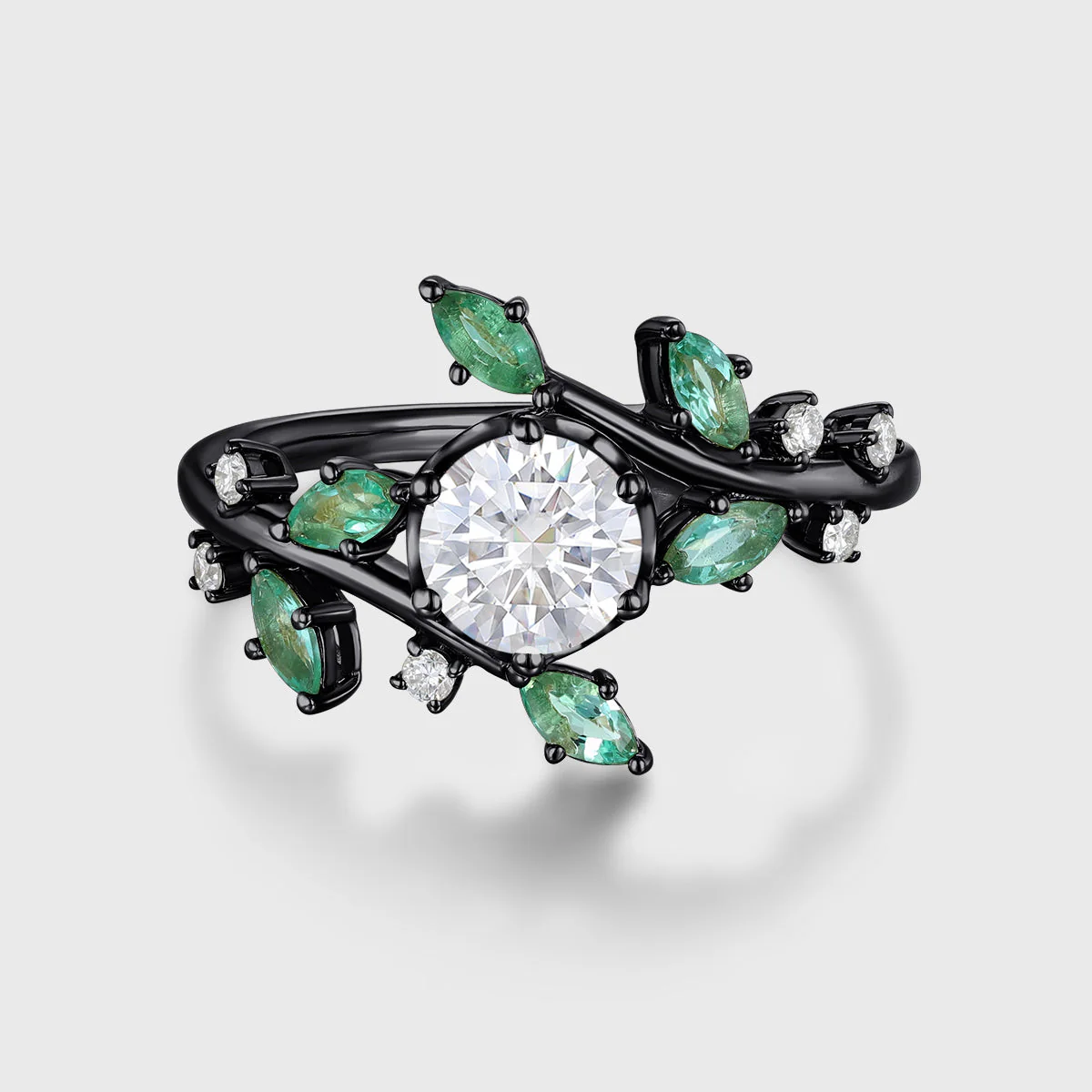 Nature Inspired Round cut Moissanite | Natural Emeralds Gold Engagement Ring - Image 5