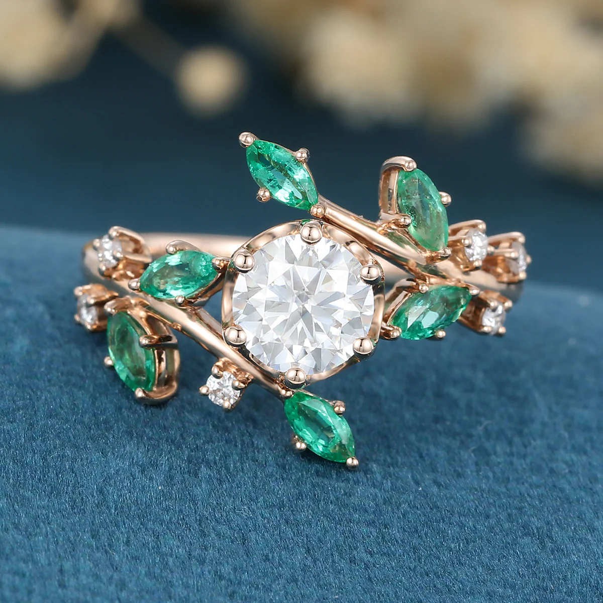 Nature Inspired Round cut Moissanite | Natural Emeralds Gold Engagement Ring - Image 6