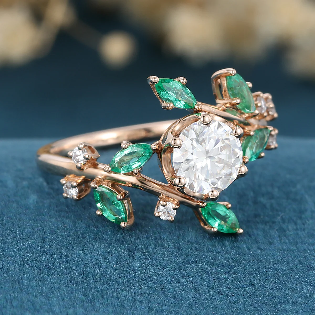 Nature Inspired Round cut Moissanite | Natural Emeralds Gold Engagement Ring - Image 7