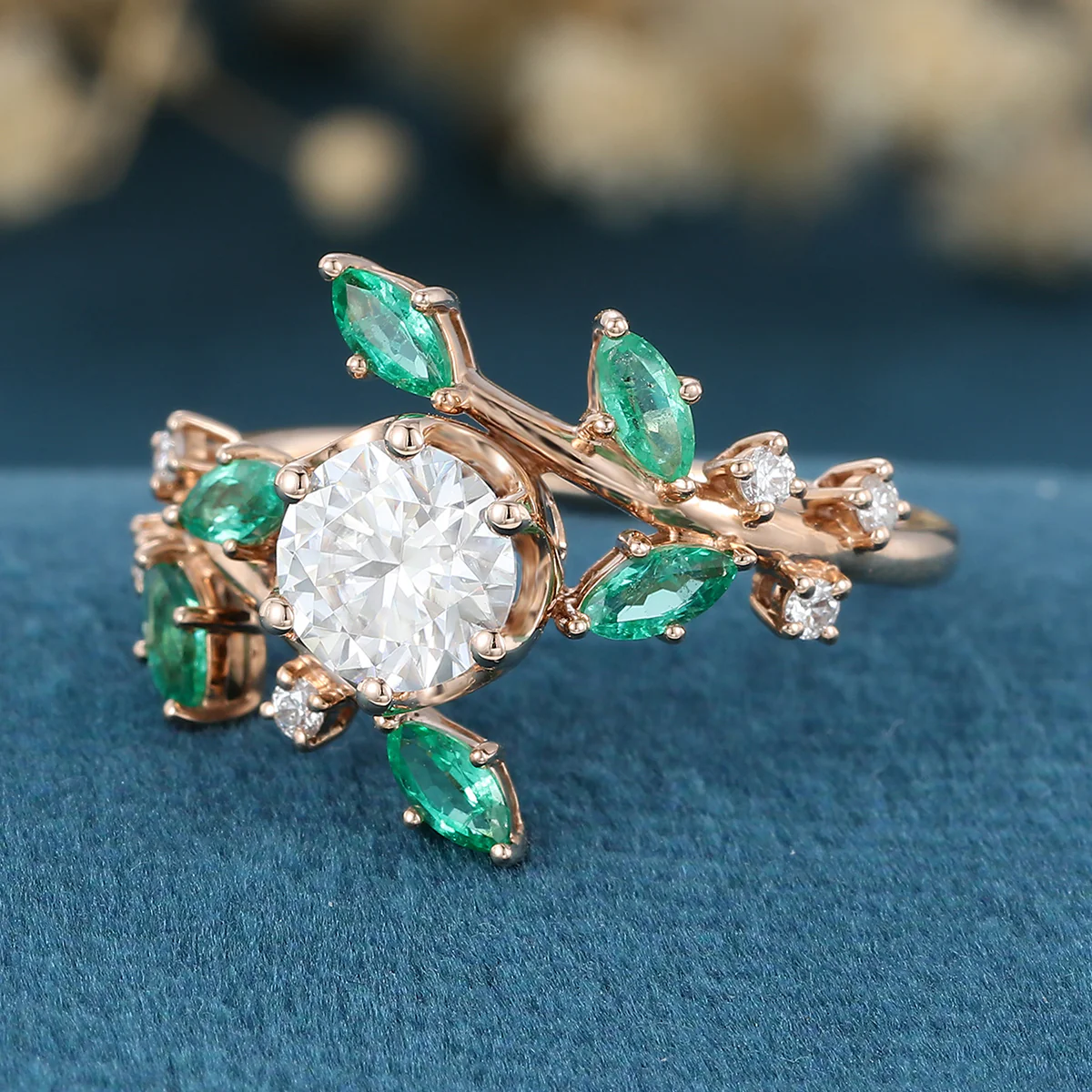 Nature Inspired Round cut Moissanite | Natural Emeralds Gold Engagement Ring - Image 8