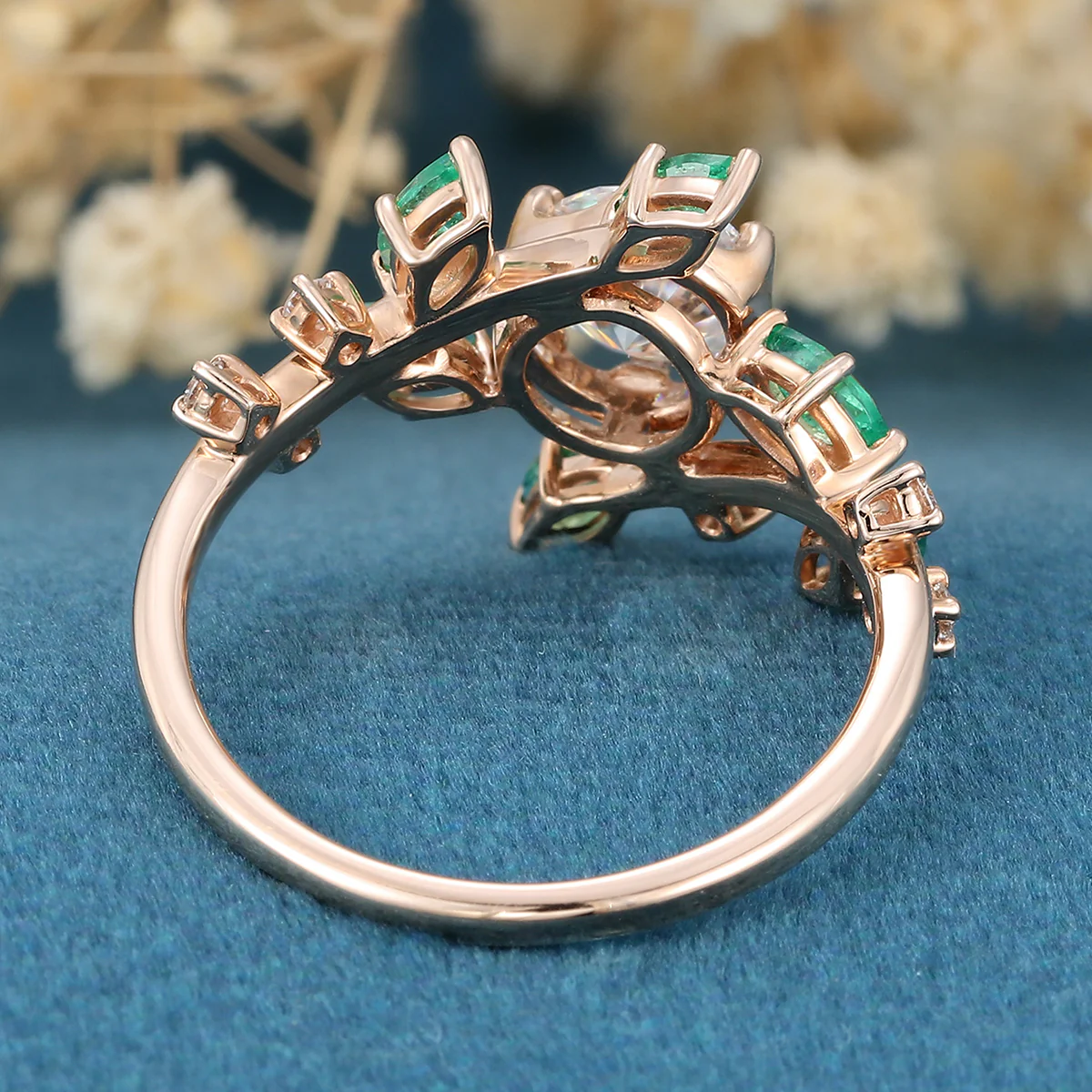 Nature Inspired Round cut Moissanite | Natural Emeralds Gold Engagement Ring - Image 9