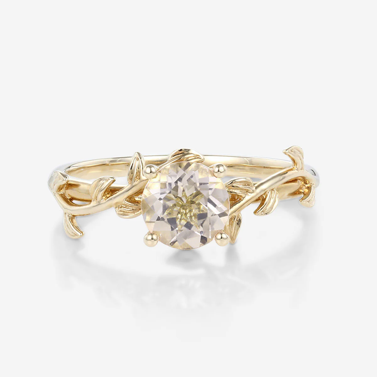 Nature Inspired Round cut Morganite Leaf Gold Engagement Ring - Image 7