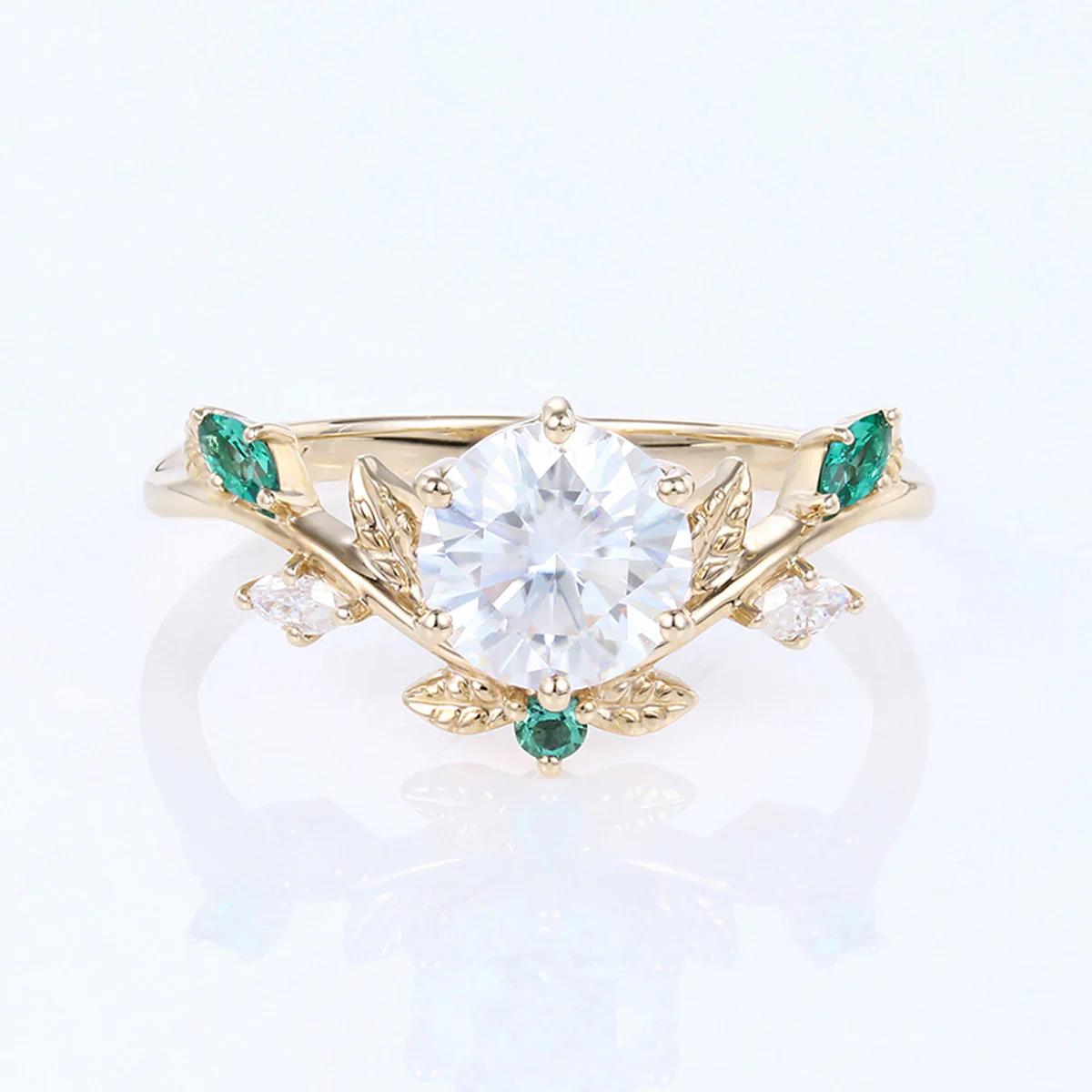 Nature Inspired Round cut Moissanite Leaf Gold ring set - Image 10