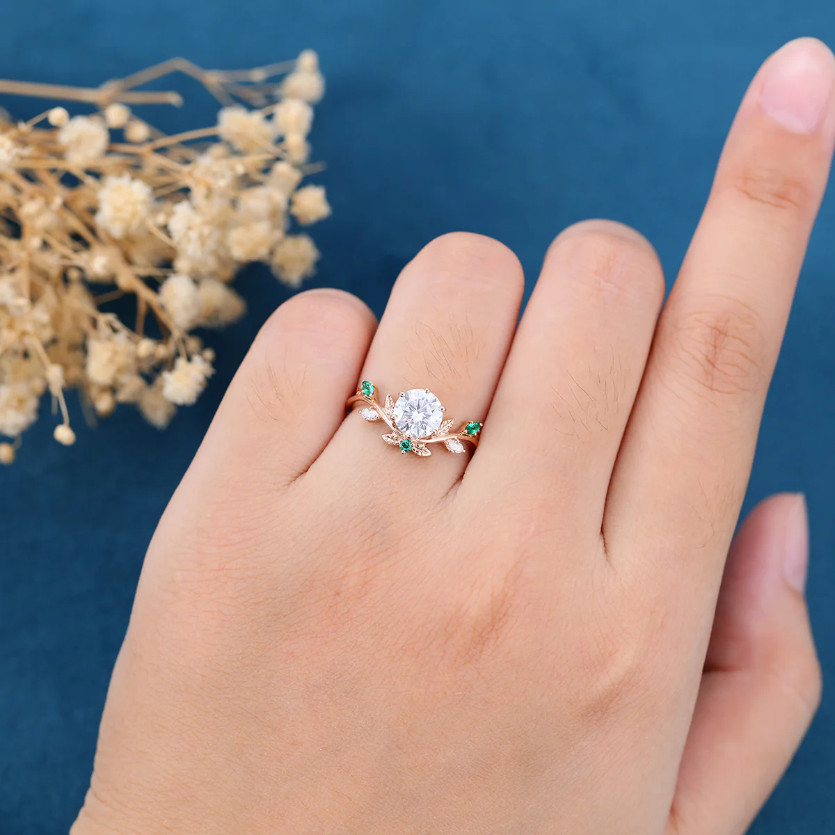 Nature Inspired Round cut Moissanite Leaf Gold ring set - Image 2