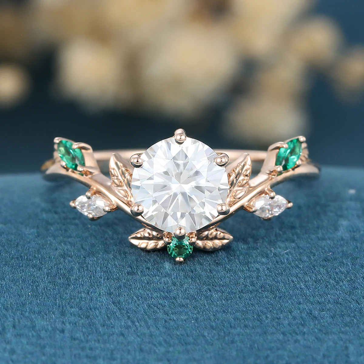 Nature Inspired Round cut Moissanite Leaf Gold ring set - Image 3