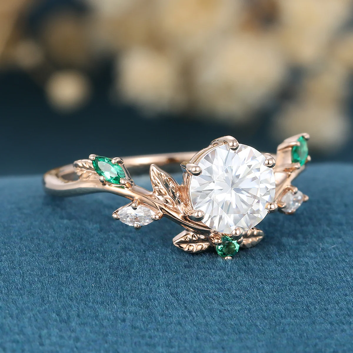 Nature Inspired Round cut Moissanite Leaf Gold ring set - Image 4