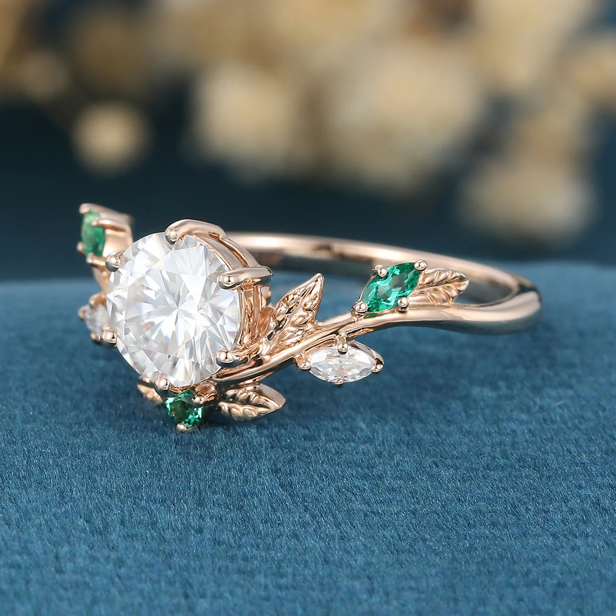 Nature Inspired Round cut Moissanite Leaf Gold ring set - Image 5