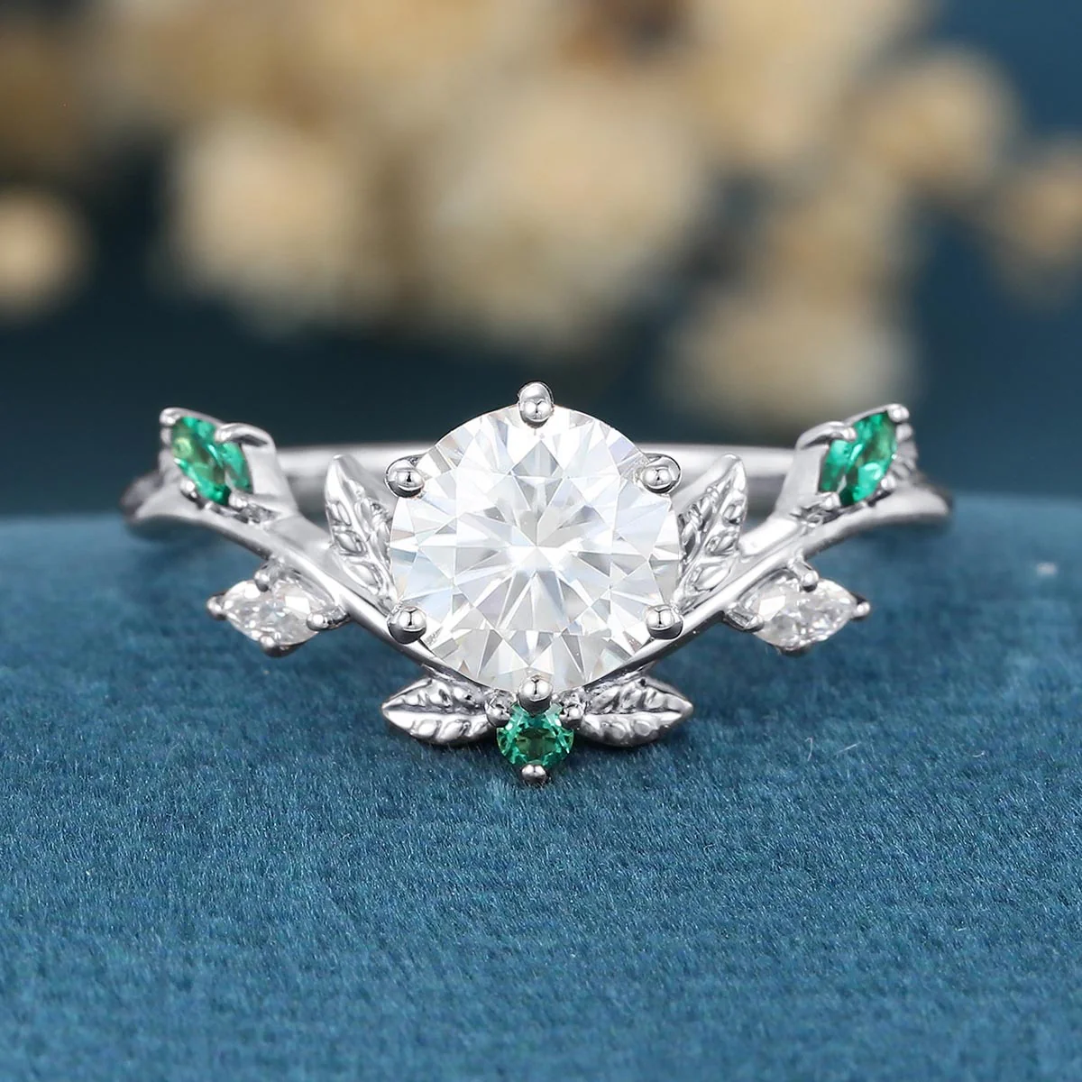 Nature Inspired Round cut Moissanite Leaf Gold ring set - Image 7
