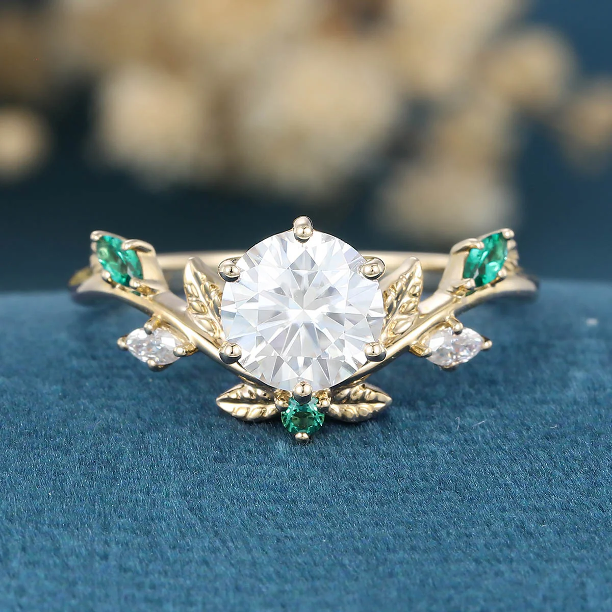 Nature Inspired Round cut Moissanite Leaf Gold ring set - Image 9