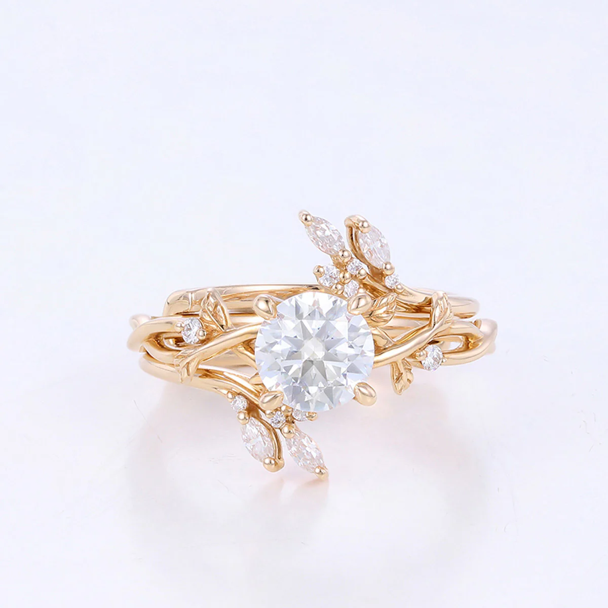 Nature Inspired Round cut Moissanite Leaf Gold ring set - Image 10