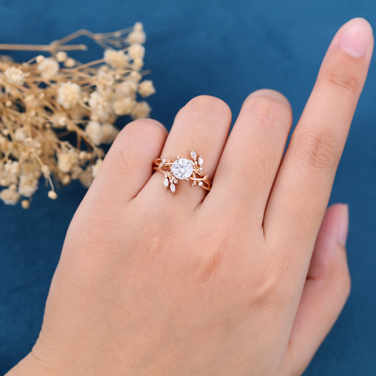 Nature Inspired Round cut Moissanite Leaf Gold ring set - Image 2