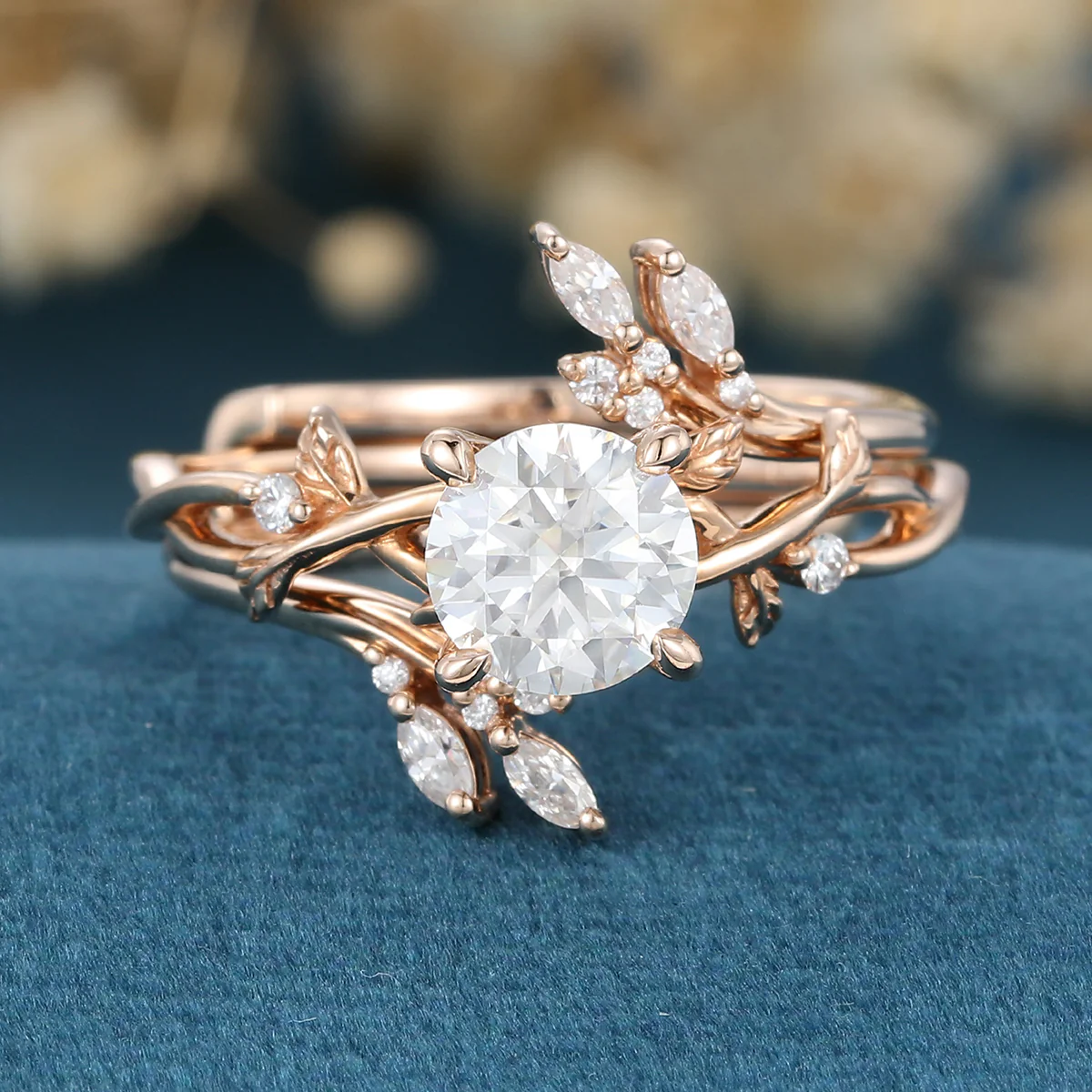 Nature Inspired Round cut Moissanite Leaf Gold ring set - Image 5