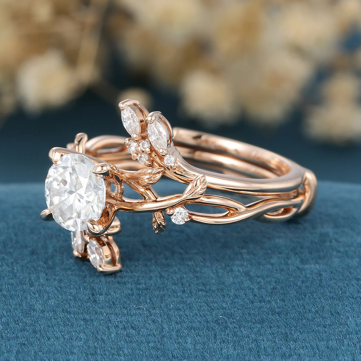 Nature Inspired Round cut Moissanite Leaf Gold ring set - Image 6