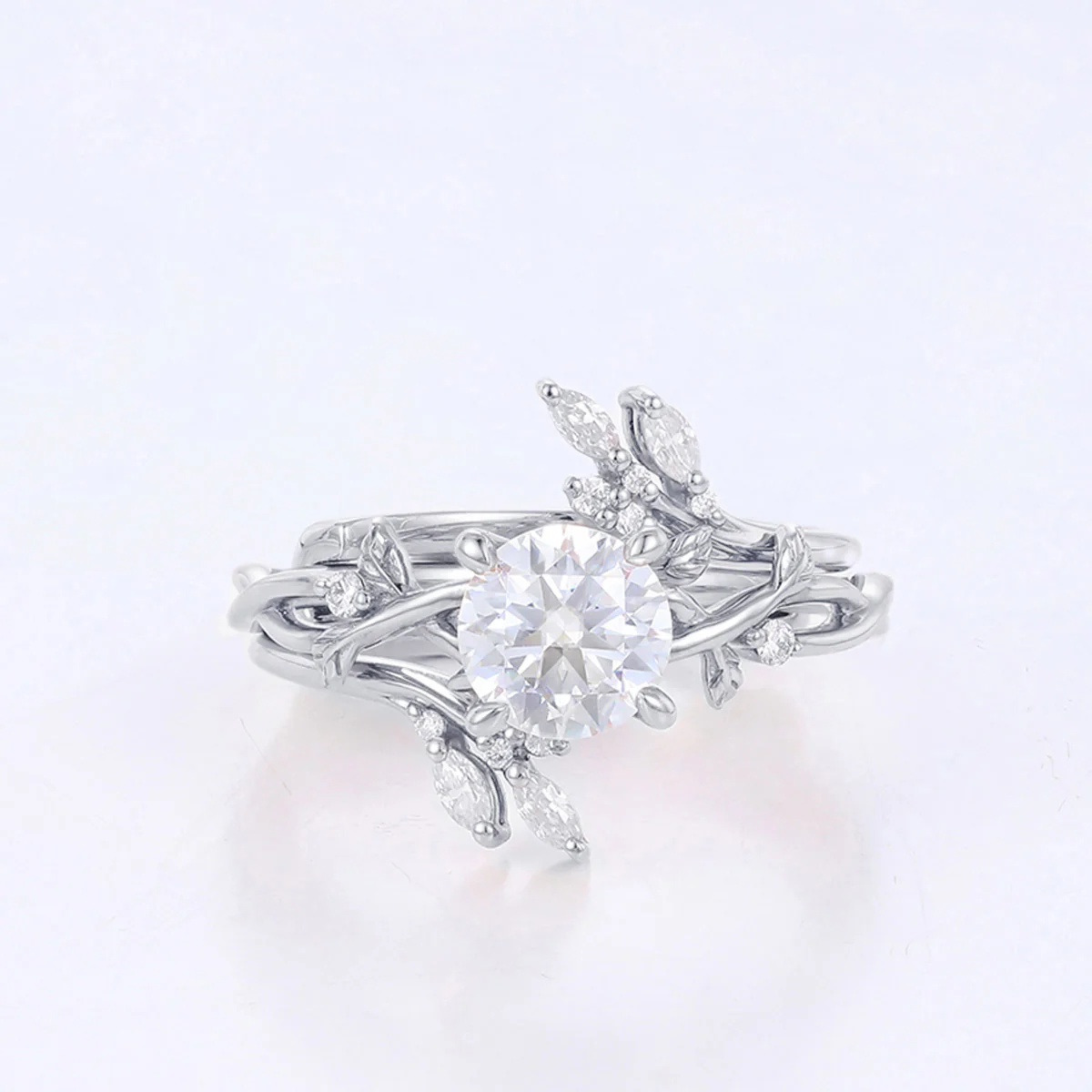 Nature Inspired Round cut Moissanite Leaf Gold ring set - Image 8