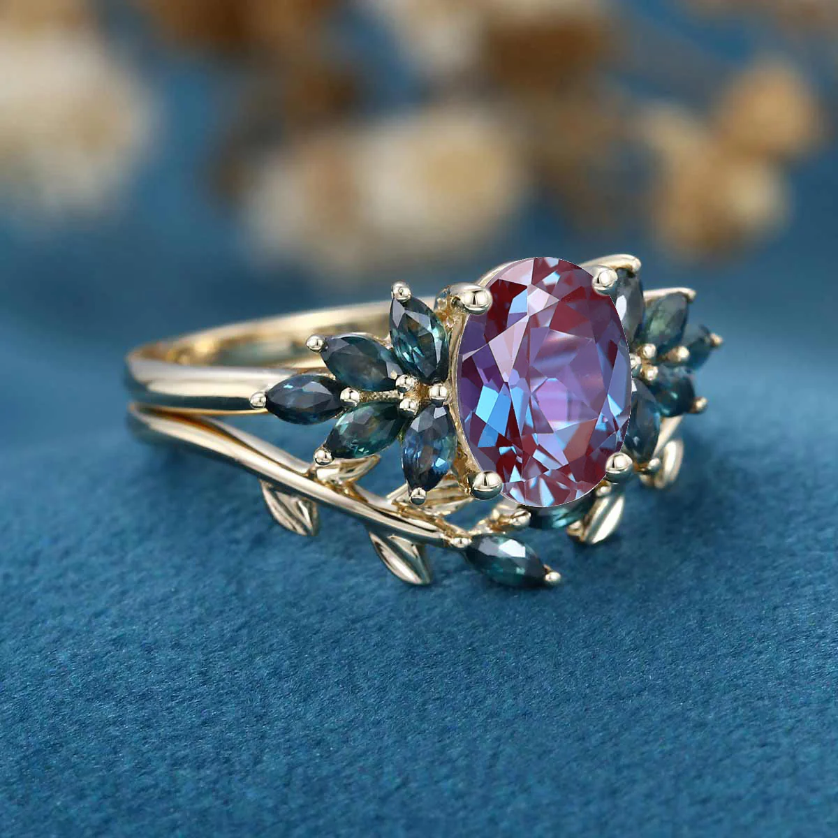 Oval cut Lab Alexandrite Cluster Engagement Ring Bridal Set - Image 5