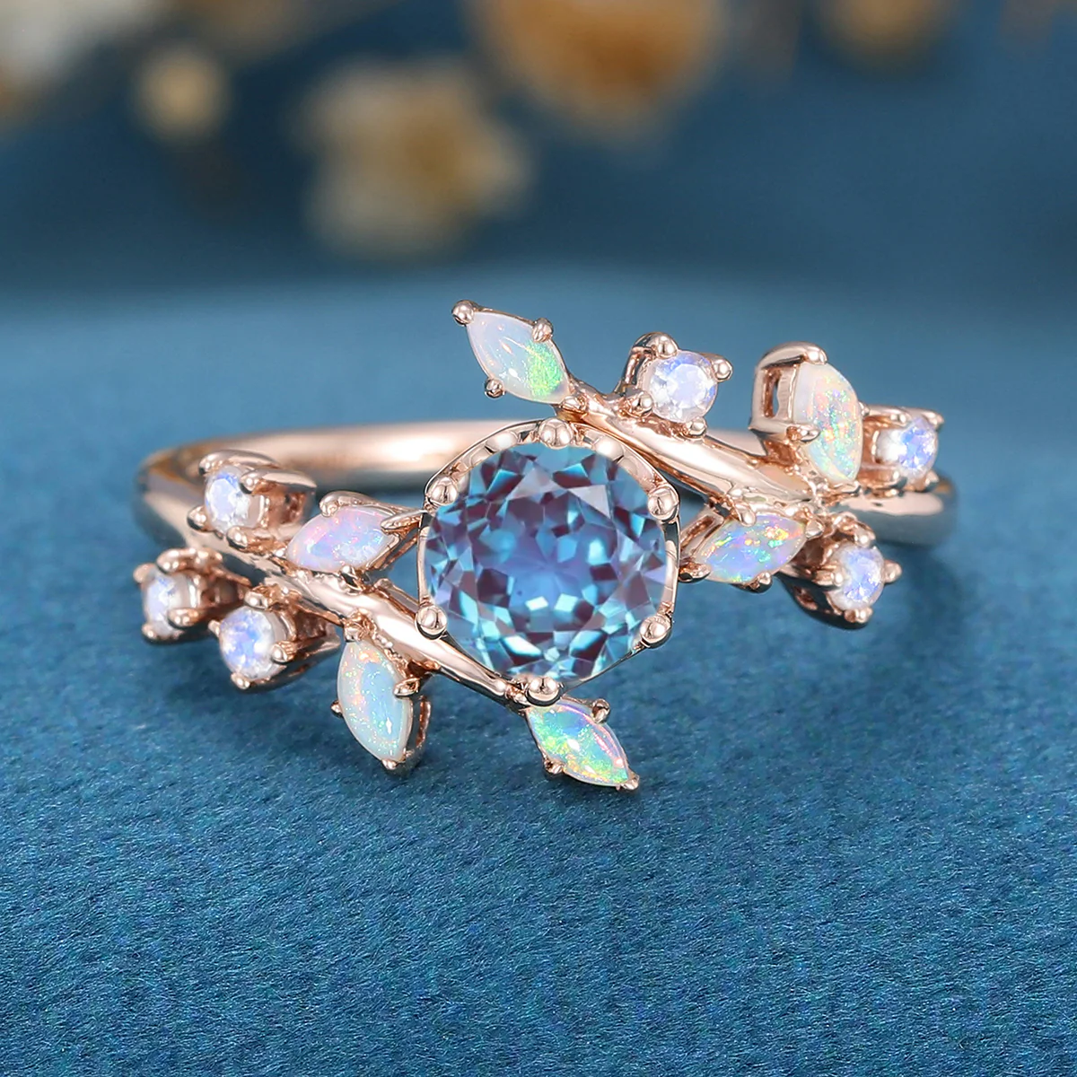 Round cut Lab Alexandrite match Opal | Moonstone Engagement Ring - Image 6