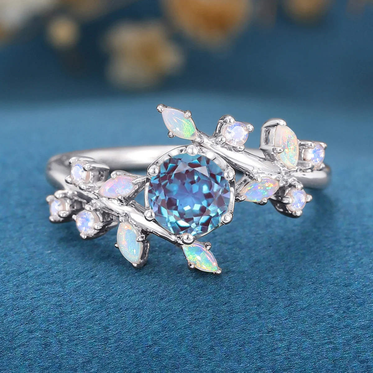 Round cut Lab Alexandrite match Opal | Moonstone Engagement Ring - Image 8